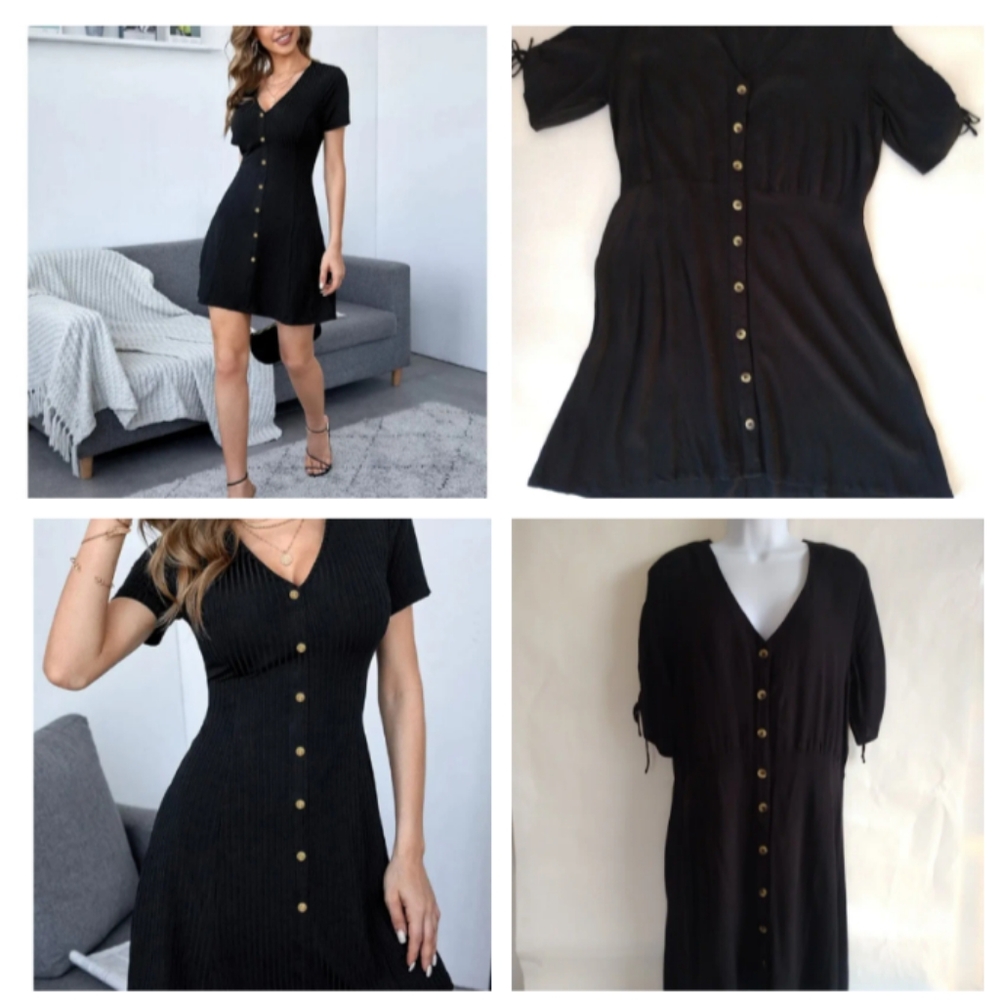H&M Women's Black Dress, Size 10 Summer V-Neck Rib-Knit Button Front Dress Casua